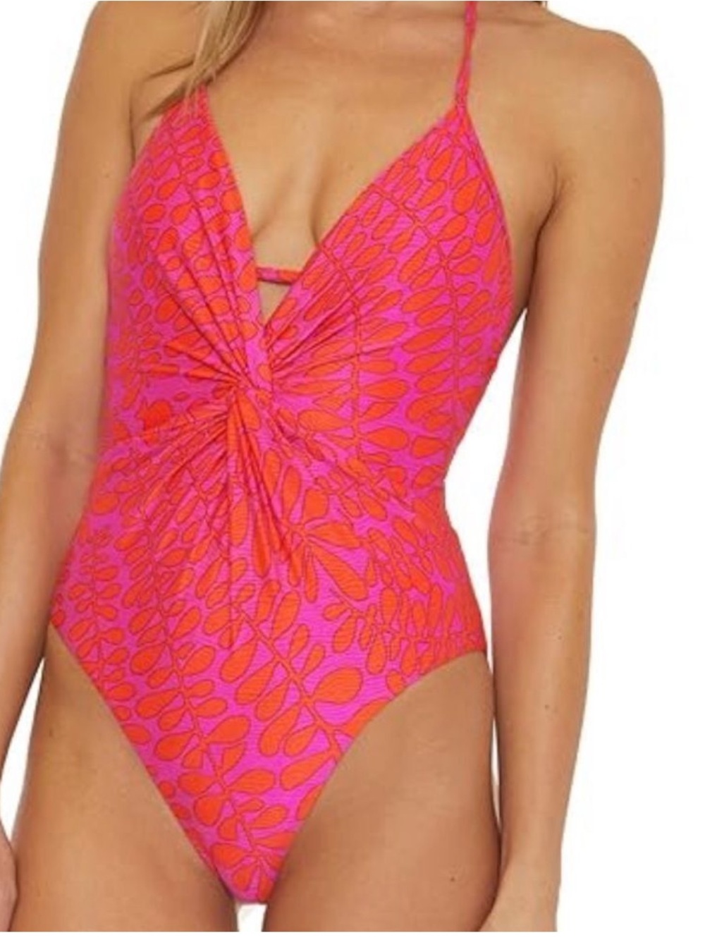 Trina Turk Trellis Halter Plunge One Piece Swimsuit Pink Red Size 6
